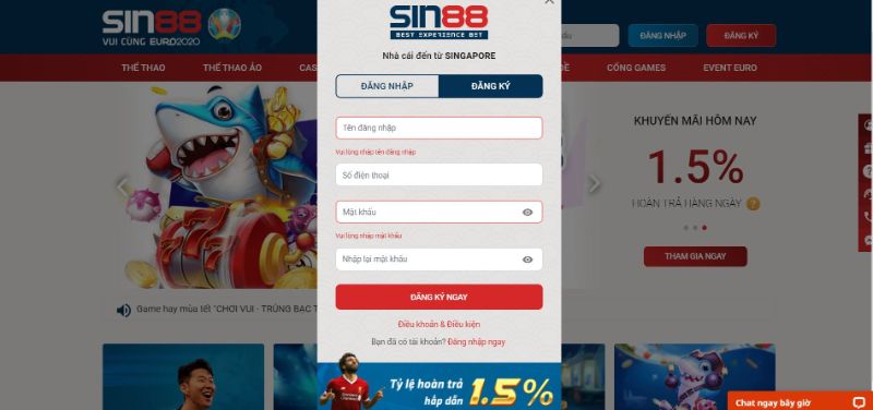 Hướng Dẫn Đăng Ký & Đăng Nhập Tài Khoản Nhà Cái Sin88 Cửa sổ đăng ký tài khoản