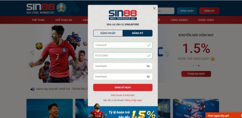 Hướng Dẫn Đăng Ký & Đăng Nhập Tài Khoản Nhà Cái Sin88 Điền thông tin tài khoản muốn tạo vào ô trống