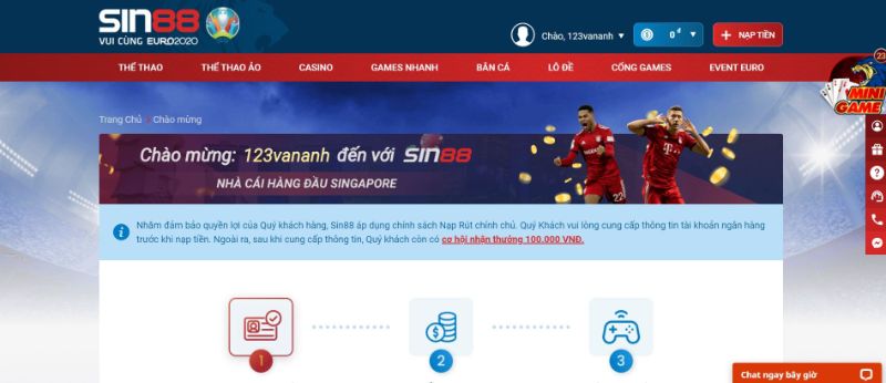 Hướng Dẫn Đăng Ký & Đăng Nhập Tài Khoản Nhà Cái Sin88 Giao diện tài khoản đã được đăng ký thành công